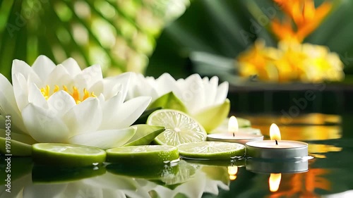 Minimalist Illustration of Lotus Flower with Candles and Lime Representing Wellness Relaxation and Inner Harmony
