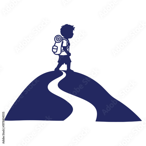 Boy with Backpack Hiking Up a Mountain Trail Illustration Exploring Nature and Adventure Pursuing Dreams