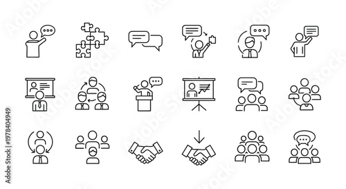 Collection of line icons depicting teamwork communication presentations and collaborative business concepts