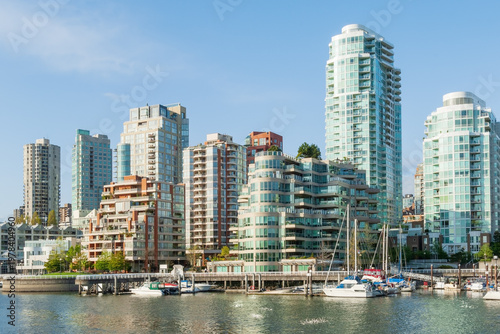 False Creek neighborhood modern high-rise residential complexes and marina in downtown Vancouver, Canada 