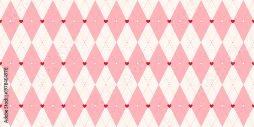 Cute pink argyle seamless pattern with tiny hearts. Valentine's day plaid print background. Diamond shapes texture. Repeating rhombus pattern for wrapping paper. Vector illustration