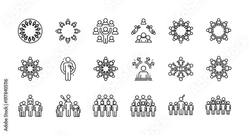 A collection of linear icons depicting various group meeting and collaboration scenarios
