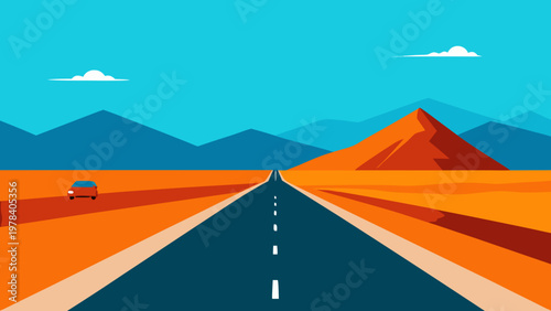 A car drives down a long, straight road through a desert landscape with mountains in the distance