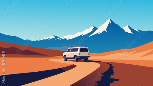A white off-road vehicle drives on a dusty road towards snow-capped mountains under a clear blue sky