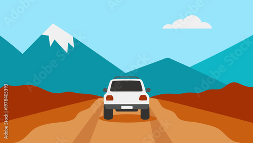 A white SUV driving on a dirt road towards majestic mountains under a clear blue sky