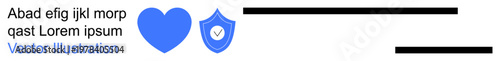 Health, security, trust, safety, love, validation. Blue heart and shield with checkmark on a white background. Health and security concept perfect for digital solutions and services