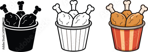 Set of three fried chicken bucket icons featuring black silhouette thin line art and colorful crispy drumstick fast food designs.