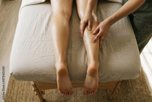 Top view of female legs lying on massage table and therapist's hands massaging right calf