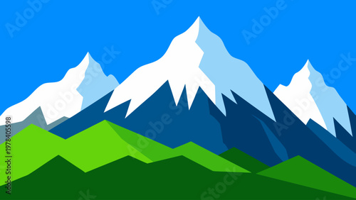 Majestic snow-capped mountains rise against a vibrant blue sky, with lush green hills in the foreground
