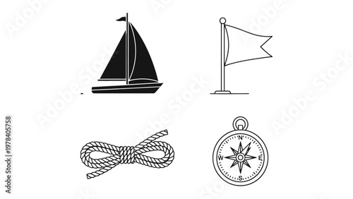 Sailing Elements: This minimalist illustration of sailing elements captures the essence of maritime adventure, featuring a sailboat, flag, rope, and compass. 