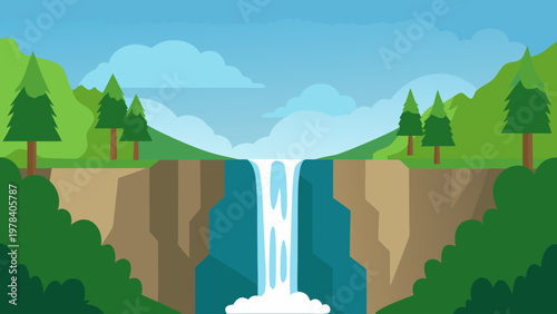 A majestic waterfall cascades down a rugged cliff face surrounded by lush green forest and rolling hills