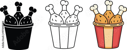 Set of three fried chicken bucket icons featuring black silhouette thin line art and colorful crispy drumstick fast food designs