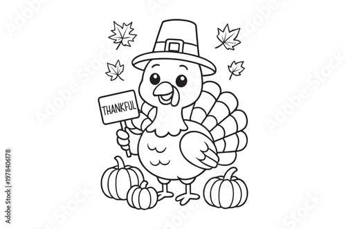 A cheerful cartoon turkey holds a thankful sign surrounded by fall leaves and pumpkins high quality