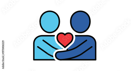 A simple illustration depicts two figures embracing with a red heart positioned between their chests