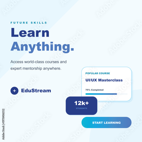 Online learning, education icons, future skills, UI UX design post design template