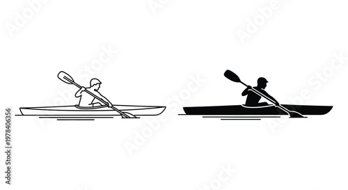 Two kayakers paddling on water depicted in a stark black outline silhouette