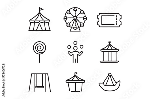 Line art illustration depicting various carnival and amusement park attractions and elements high quality professional detailed