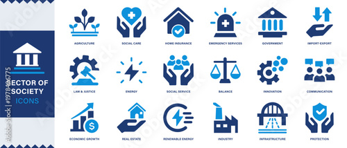 Sector of society icon set. Containing agriculture, education, healthcare, energy, technology, transportation, arts,Solid vector icons.