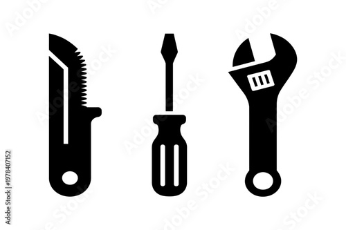 Hand saw screwdriver and wrench tools silhouette set