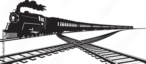 Classic steam locomotive speeding along a railway track, passing an intersecting junction, symbolizing journeys, choices, and evolving paths in a vintage monochrome illustration