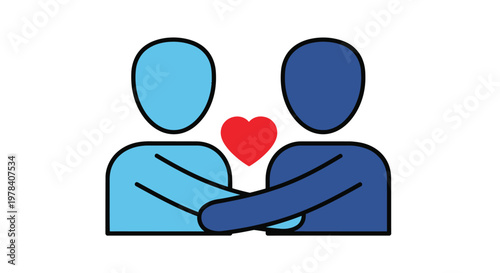 A simple illustration depicts two figures embracing with a red heart positioned between their heads