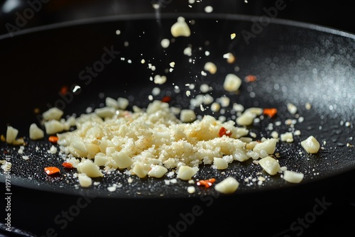 selective focus sizzling garlic cloves and chili peppers in oil pan