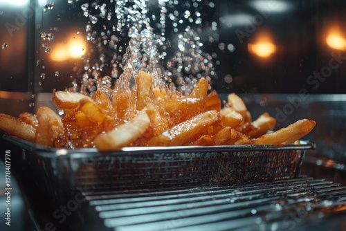 selective focus on professional frying process for crispy fries