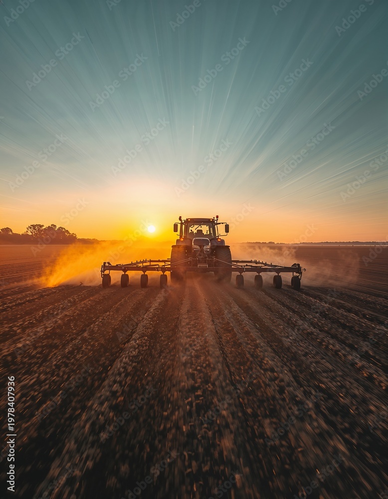 Fototapeta premium A tractor sowing seeds at sunset with a long exposure effect, capturing the motion trails of dust and machinery.