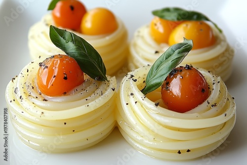 selective focus on colorful pasta dish with basil garnish