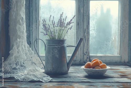 selective focus vintage-inspired rustic tabletop with lavender