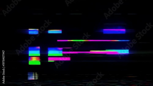 Abstract digital glitch effect with colorful neon distortion lines on a dark black background