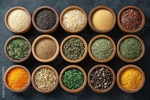 selective focus culinary composition of spices on dark surface