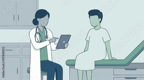Doctor consulting male patient with digital tablet in medical office