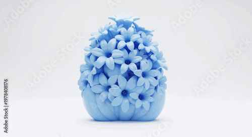 A light blue flower arrangement in a textured vase, a detailed and beautiful composition of light blue blossoms
