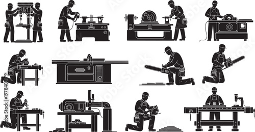 Dynamic vector illustration collection depicting skilled woodworkers and artisans engaged in various carpentry and crafting tasks with a diverse range of workshop tools and heavy machinery