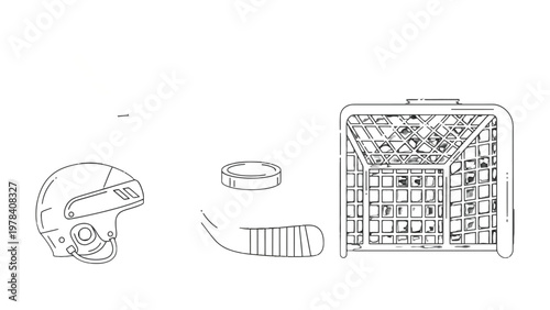 Hockey Gear Outlined: An illustrated array of hockey equipment, including a helmet, puck, hockey stick, and net.