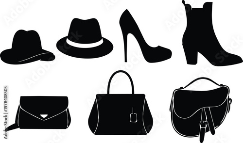 8 Fashion Accessory Handbag and Hat Silhouette Vectors