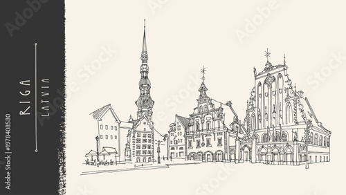 Riga, Latvia old town street. St. Peter church, House of Blackheads line drawing architecture postcard. Historic European city skyline panorama. Vintage hand-drawn pencil travel sketch. Cafe poster bg