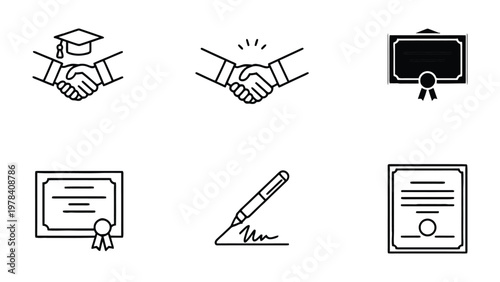 Education Icons: A collection of meticulously crafted, minimalist icons representing various aspects of education, showcasing essential elements of academic achievement and institutional processes.