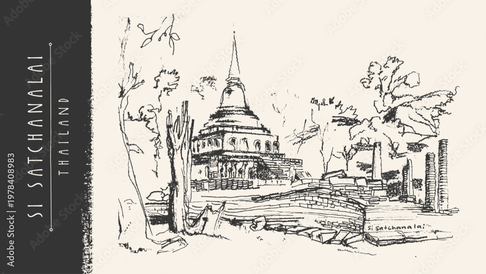 Naklejka premium Wat Si Satchanalai, Thailand. Ancient temple landscape drawing postcard. Thai Asian Buddhist pagoda architecture. Historical UNESCO park bg. Vintage travel hand-drawn crayon pencil sketch illustration