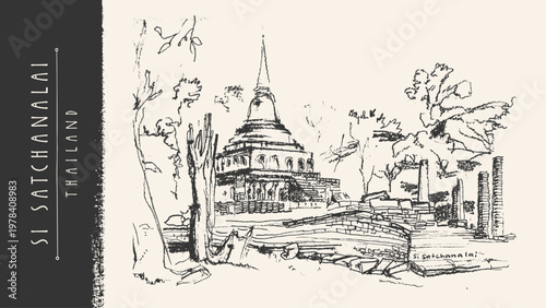Wat Si Satchanalai, Thailand. Ancient temple landscape drawing postcard. Thai Asian Buddhist pagoda architecture. Historical UNESCO park bg. Vintage travel hand-drawn crayon pencil sketch illustration