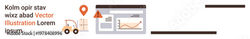 Logistics management, data analysis, supply chain insights, shipping efficiency, business tracking, and statistics. Graphical dashboard and forklift with a location pin. Logistics management and data