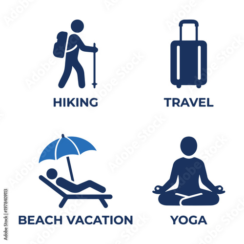 Four simple representing hiking travel beach vacation and yoga