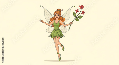 Whimsical fairy with flowers on plain background