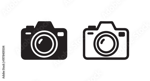 Two camera icons, one black fill and one outline design, for photography concepts