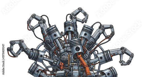 Mechanical engine components with orange accents isolated on white