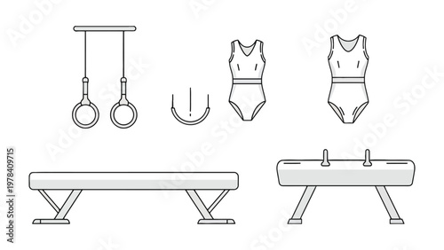 Gymnastic Equipment Illustration: A minimalist illustration presents a selection of gymnastic apparatus, meticulously drawn.