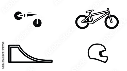 BMX Adventure Icons: A collection of simple, black and white illustrations portraying the essential elements of BMX biking: a bicycle, ramp, and protective helmet, all set against a clean backdrop.