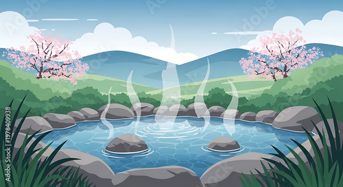 Serene hot spring pool in a natural landscape