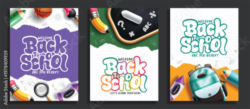 Back to school poster collection clipart. Welcome Back to School greeting text poster set with abstract and gridlines education backgrounds with school supplies like backpack, pencil, crayon